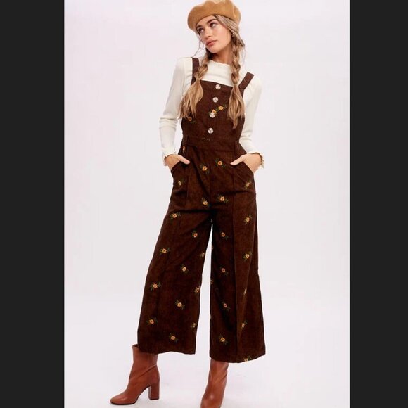 Cider Women's Brown Corduroy Floral Embroidered Wide-Leg Overalls - Small - Picture 1 of 7